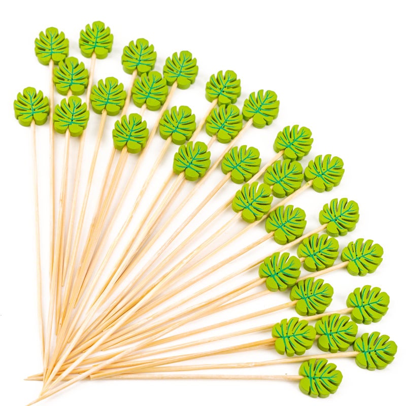 PuTwo Picks 100 Counts 4.7"" Bamboo Wooden Decorative Sticks for Appetizers Fancy Cocktail Party-Green Leaf Toothpicks, Palm Leaves - Image 1